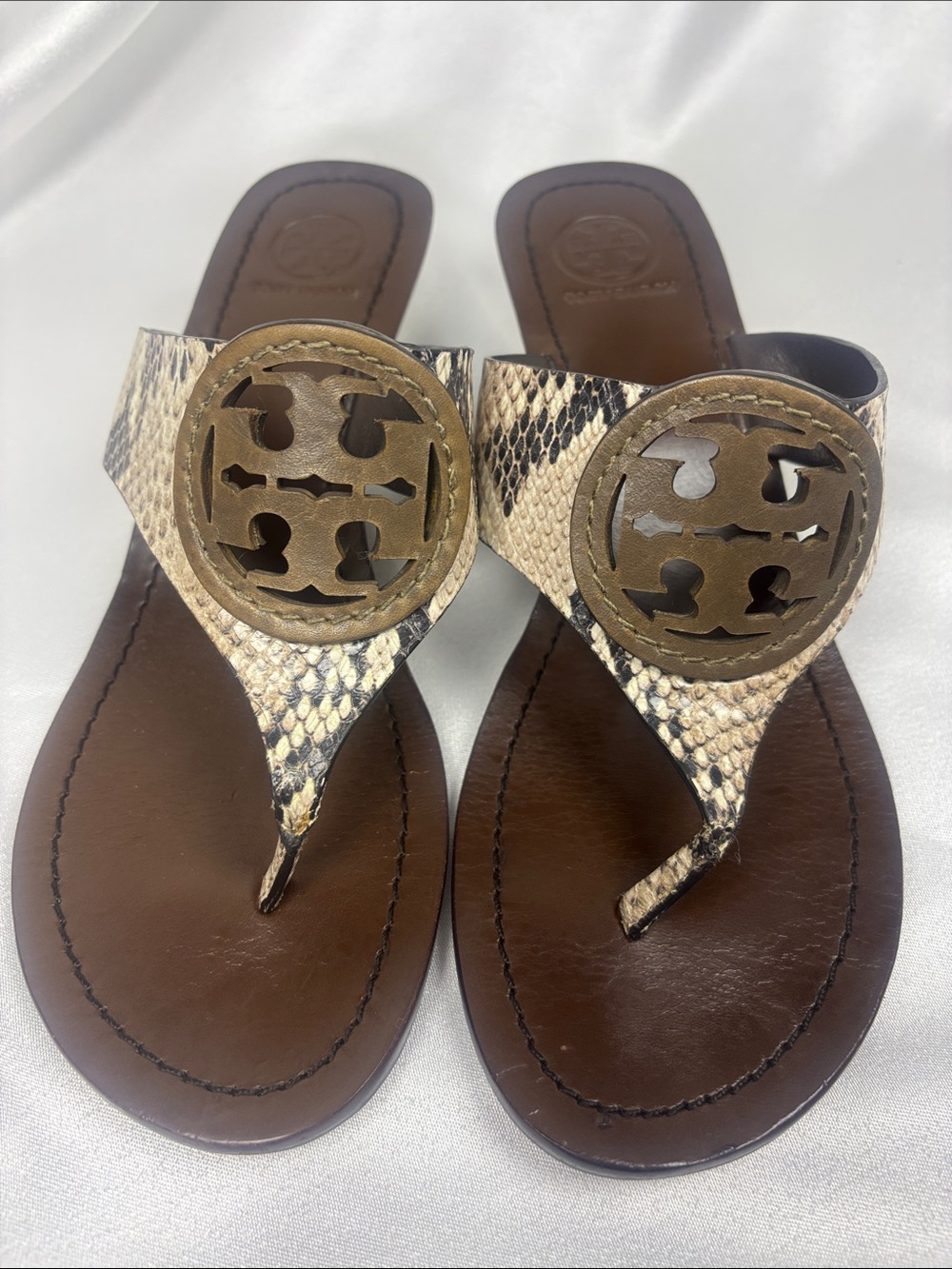 Tory Burch Snake-Print Logo Thong Wedge Sandals